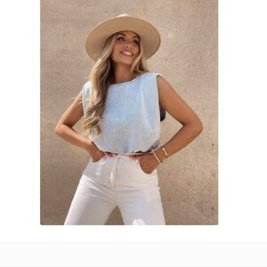 Women's Sleeveless Light Blue Denim Top Elastic waist Band Medium Retro 80s Vibe